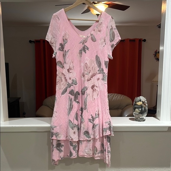 New Collection Gauze Tiered Sharkbite Floral Pink Dress Size L Made in Italy - Picture 1 of 4